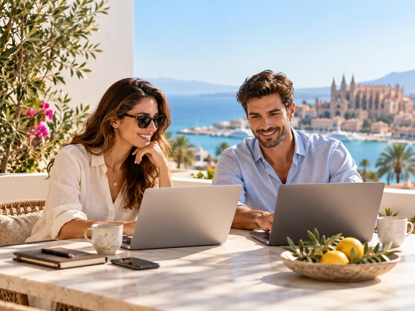 Professional couple working remotely in Spain with a Mediterranean view